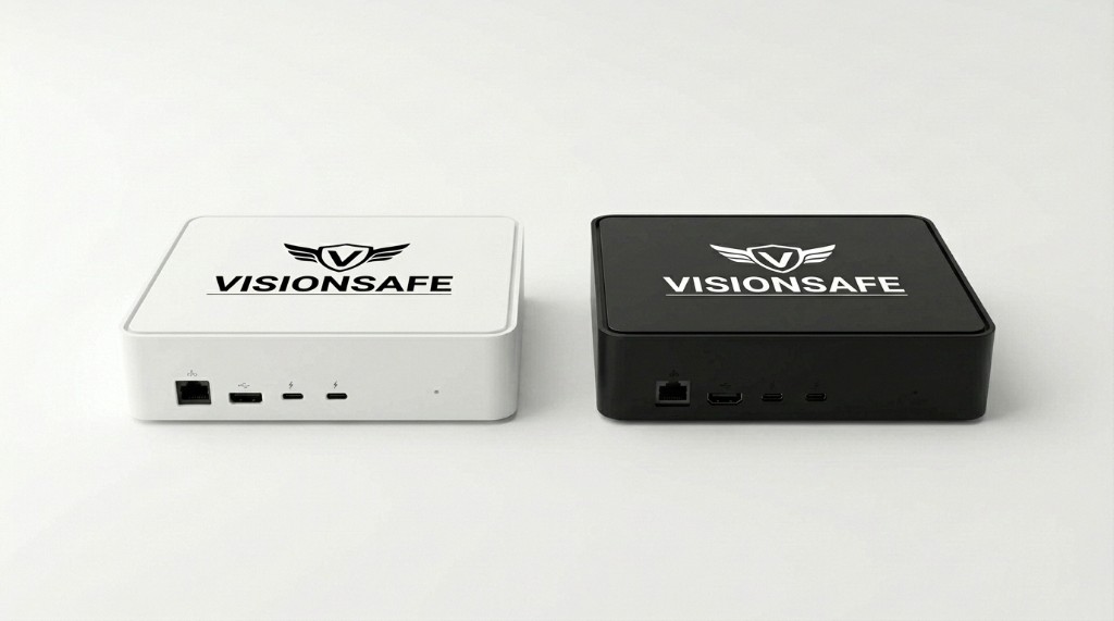 Zwei VISIONSAFE Kompakt-Geräte in Weiß und Schwarz mit Anschlüssen