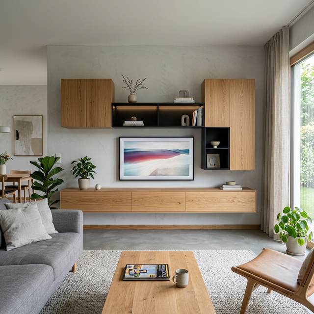 Wohnwand Detailansicht mit Eiche und schwarzem MDF