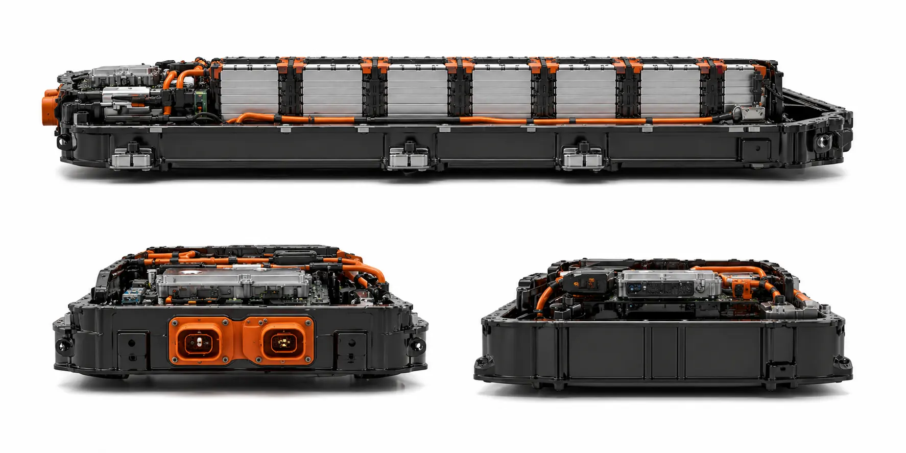 Mehrere Ansichten eines flachen E-Auto-Batteriepacks